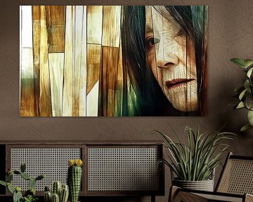 Melancholische Japanerin hinter Holztextur