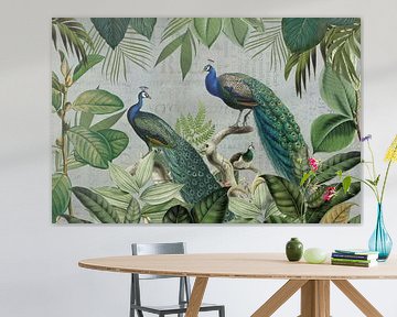 Majestic Peafowls In The Jungle And Vintage Typography by Andrea Haase