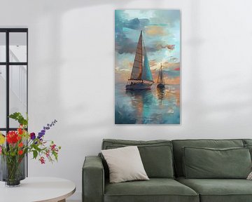 Impressionistische zeilboten bij zonsondergang met reflecterend water van Ljupka Kareska