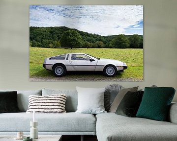 Delorean, oldtimer, classic car in nature, hilly landscape
