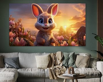 3d Carton Lapin de Pâques dans un champ de fleurs dans le jardin au coucher du soleil