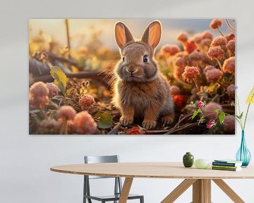 Petit lapin mignon dans un champ de fleurs dans le jardin illuminé par le soleil