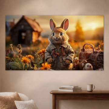 Lapin de Pâques avec veste et fleurs dans un jardin printanier et coucher de soleil dans le ciel en arrière-plan
