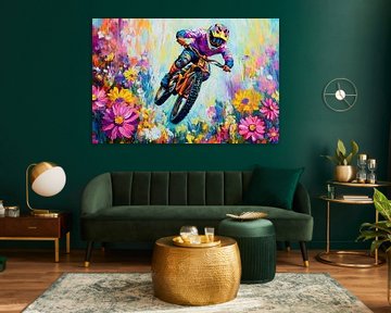 Kleurrijke mountainbiker tussen bloemen van Art & Soul Creations