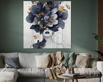 Surrealistische bloemenkroon in blauw en goud op een vrouwelijk portret van Color Square