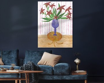 red lilies in a blue vase by Hanneke van Dijk