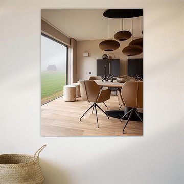 Eetkamer met uitzicht op het veld op een mistige dag