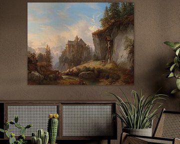 Franz Barbarini, Paysage de montagne avec chapelle et crucifix, 1853 sur Atelier Liesjes