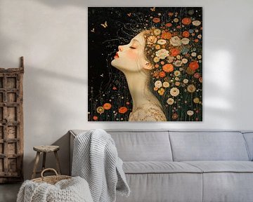 Frau mit Blumen im Haar von Blickfänger Gemälde