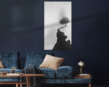 Olijfboom op rots in zwart-wit van Ysbrand Cosijn