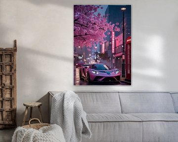 Ein Hypercar, das an einem regnerischen Abend unter dem sanften rosa Schein der Kirschblüten geparkt ist