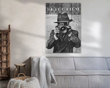 Retro film vintage man met camera jaren 60 achtergrond illustratie poster reclame ontwerp van Animaflora PicsStock