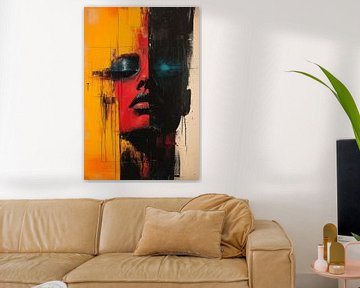 Tegenstellingen in Harmonie Abstract Portret in Rood, Geel en Zwart van Eva Lee