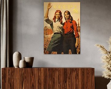 Gelukkig jong communisme Sovjet meisjes op een billboard - vintage stijl reclame van Animaflora PicsStock