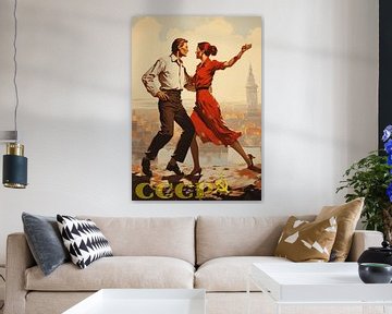 jong paar danst tango - communisme sovjet op een billboard - reclame in vintage stijl van Animaflora PicsStock