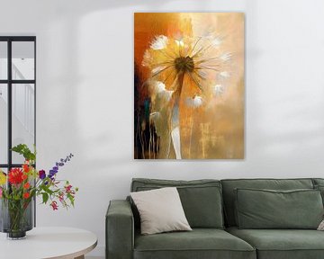 Sfeervol schilderij van een uitgebloeide paardenbloem op goud van Studio Pieternel
