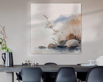 Sereen Japandi aquarel, Japans landschap van Studio Pieternel