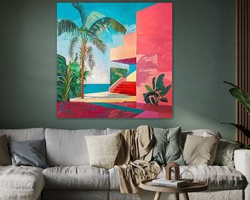 Tropisch schilderij met palmboom en kleurrijke architectuur van Vlindertuin-Art