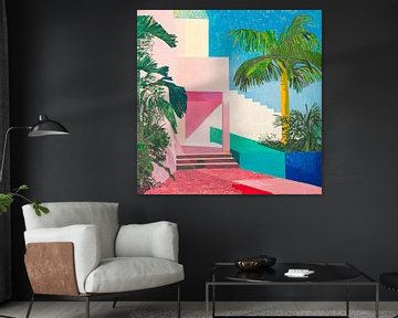 Kleurrijk schilderij met palmboom en architectuur van Vlindertuin-Art