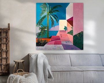 Abstract huis aan zee met palmboom en felle kleuren van Vlindertuin-Art