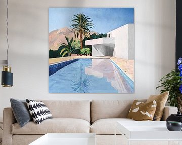 Tableau moderne avec villa, piscine et palmiers