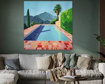 Peinture d'une piscine surplombant un paysage de montagne