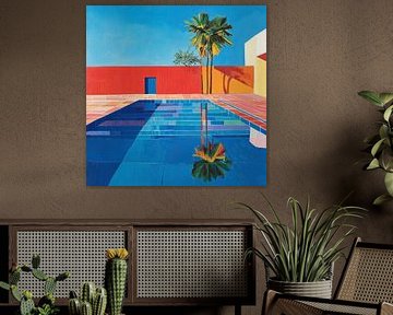 Gemälde eines Sommerpools und bunte Architektur