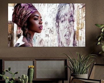 Tattooed woman with headwrap in front of graffiti by Frank Heinz