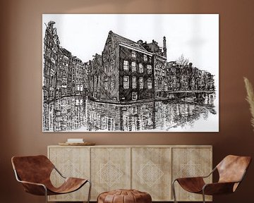 Tekening Oudezijds Voor- en Achterburgwal hoekpanden Amsterdam van Hendrik-Jan Kornelis