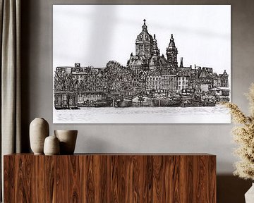 Tekening Haven St. Nicolaas Basiliek Amsterdam van Hendrik-Jan Kornelis