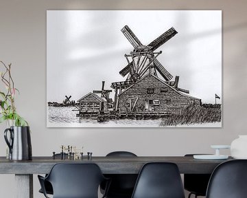 Tekening Zaanse Schans Molens Holland van Hendrik-Jan Kornelis