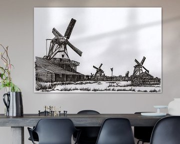 Tekening Zaanse Schans Molens Holland van Hendrik-Jan Kornelis