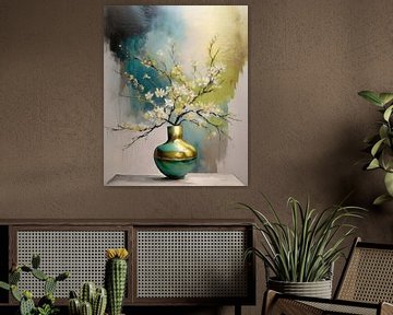 Japandi stilleven schilderij, Witte bloesem op vaas van Studio Pieternel