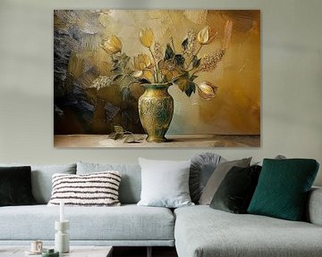Classic still life painting: Vase with golden tulips by Studio Pieternel