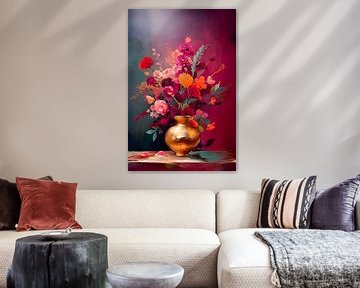 Sfeervol klassiek stilleven: Gouden Vaas met kleurrijk boeket van Studio Pieternel