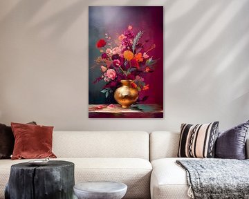 Sfeervol klassiek stilleven: Gouden Vaas met kleurrijk boeket van Studio Pieternel