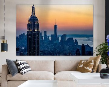 Lower Manhattan skyline  bij zonsondergang