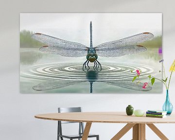 Libelle berührt den See im Morgennebel von Frank Heinz
