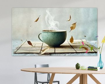 Steaming teacup with autumn leaves by Frank Heinz