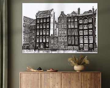 Tekening Damrak Amsterdam Lijntekening Pentekening van Hendrik-Jan Kornelis
