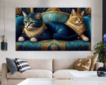 Zwei Katzen liegen auf einem Art-Deco-Sofa