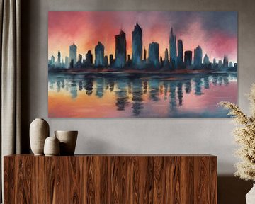 Skyline van de stad weerspiegeld in water bij zonsondergang van Frankie Soldado