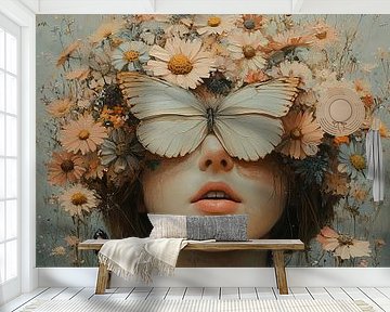 Bloemenportret | Vrouw met Bloemen en Vlinder van Blikvanger Schilderijen