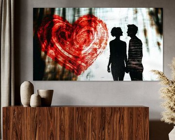 Silhouette eines Paares mit rotem Herz