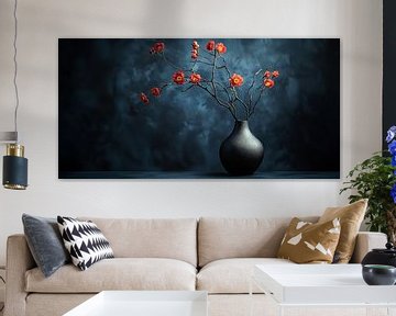 Vuurrode bloesems in Donkerblauw van Studio BB
