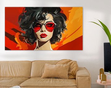 Mouvement pop art et illustration d'une jeune femme des années 1950 portant des lunettes de soleil rouges.