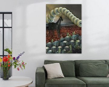 Surrealistisch landschap met zwarte zwijgende paarden, cactussen en ogen