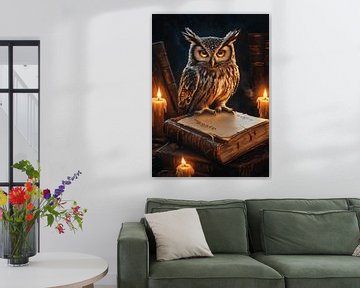 Uil met oude boeken bij kaarslicht van Pixelbull Design