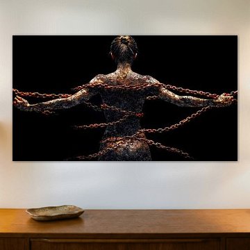 Woman with rusty skin breaks chains by Frank Heinz