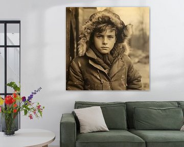 Photo of Soviet times, 60s, teenager in coat and fur hat, winter, realistic photo monochrome by Animaflora PicsStock